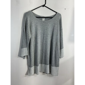 Womans Two One Two NY XL Gray White 3/4 Sleeve Pullover Scoop Neck Sweater